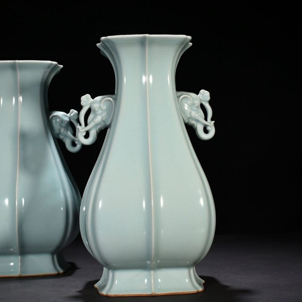 Song Dynasty Longquan kiln pink green glaze elephant ear square vase