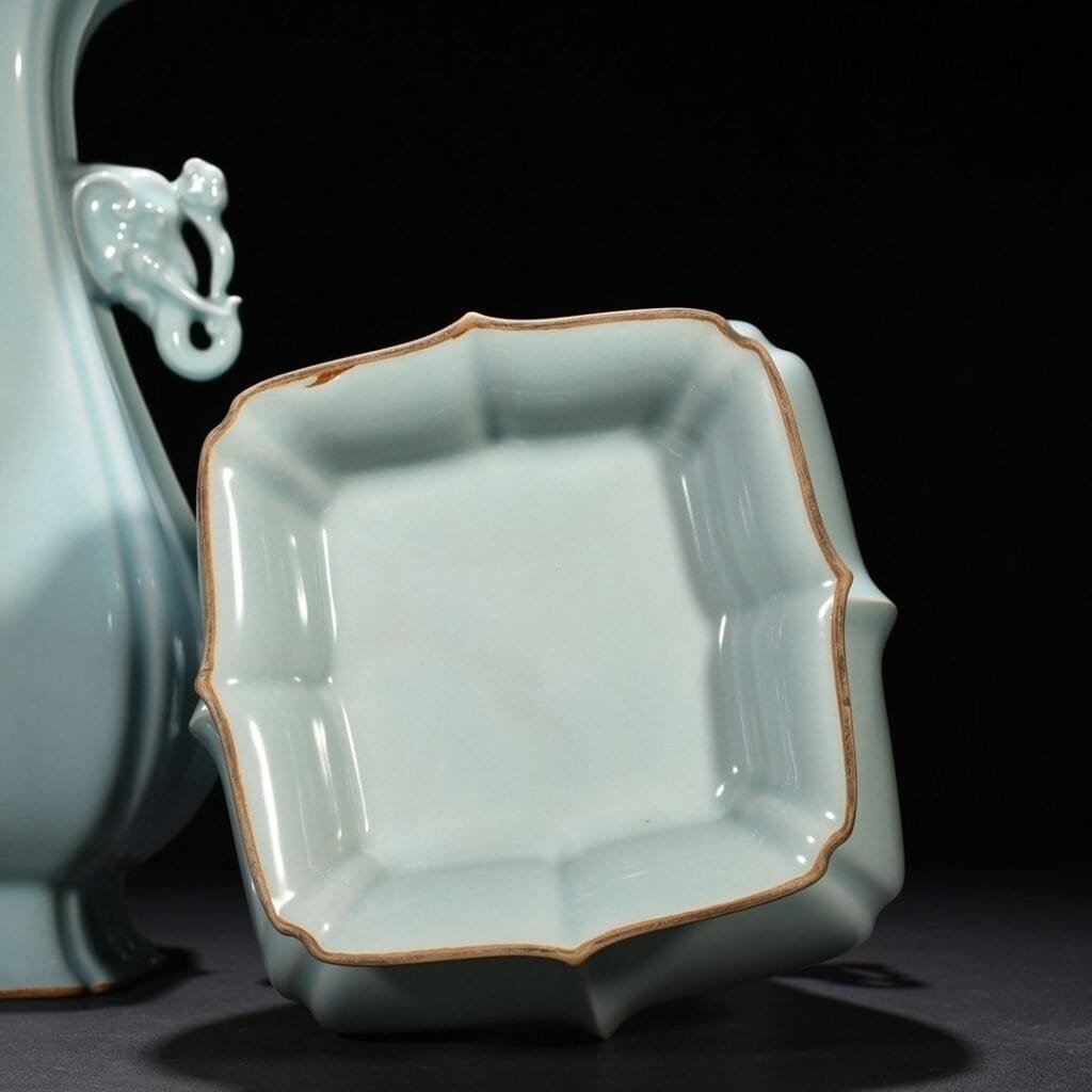 Song Dynasty Longquan kiln pink green glaze elephant ear square vase