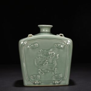 Song Dynasty Longquan kiln pink celadon glaze carved dragon pattern threaded flat bottle