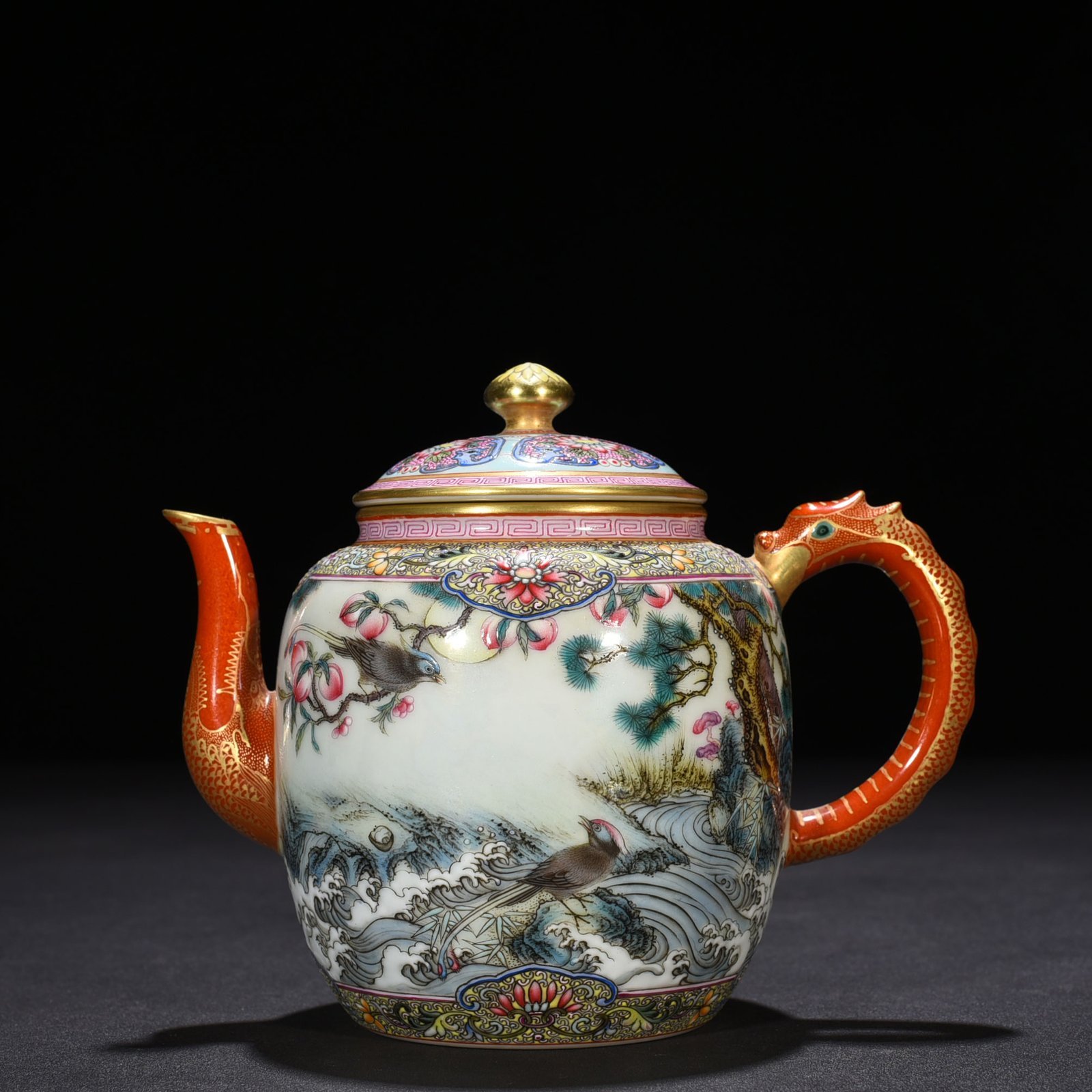 Qing Dynasty Qianlong Gu Yuexuan enamel pot with flower and bird patterns