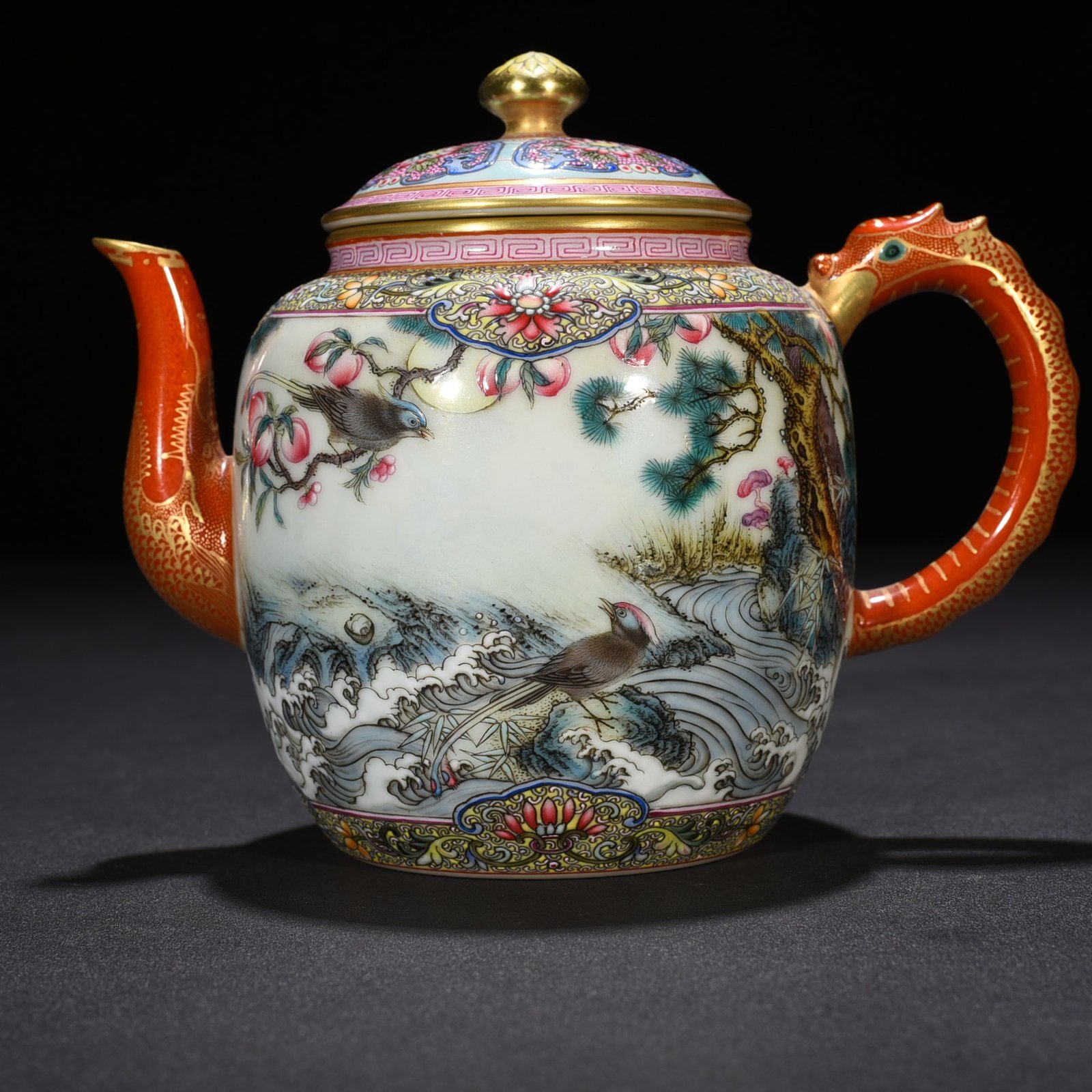 Qing Dynasty Qianlong Gu Yuexuan enamel pot with flower and bird patterns