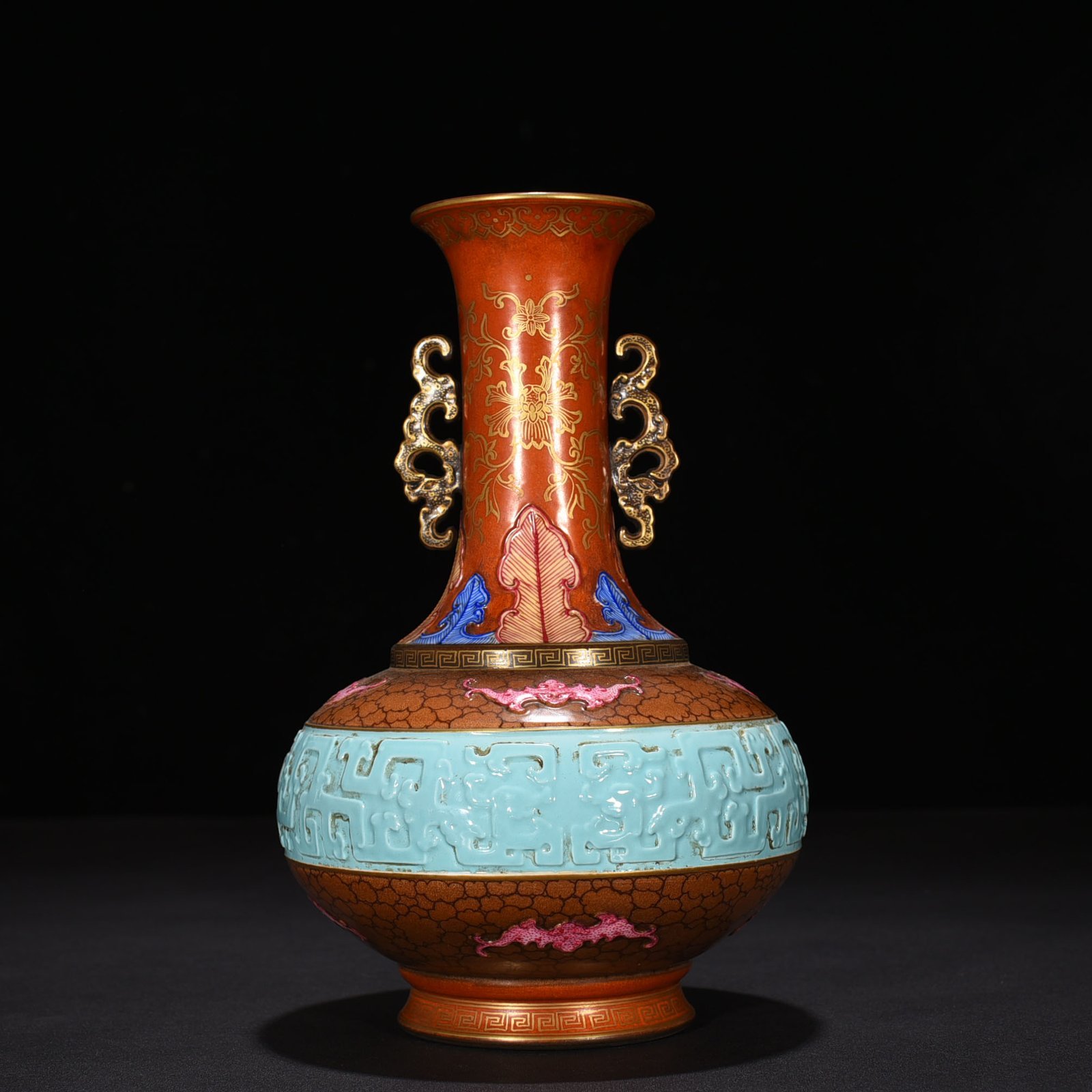 Qing Dynasty Qianlong Bronze Painted Gold Carved Chilong Pattern Amphora