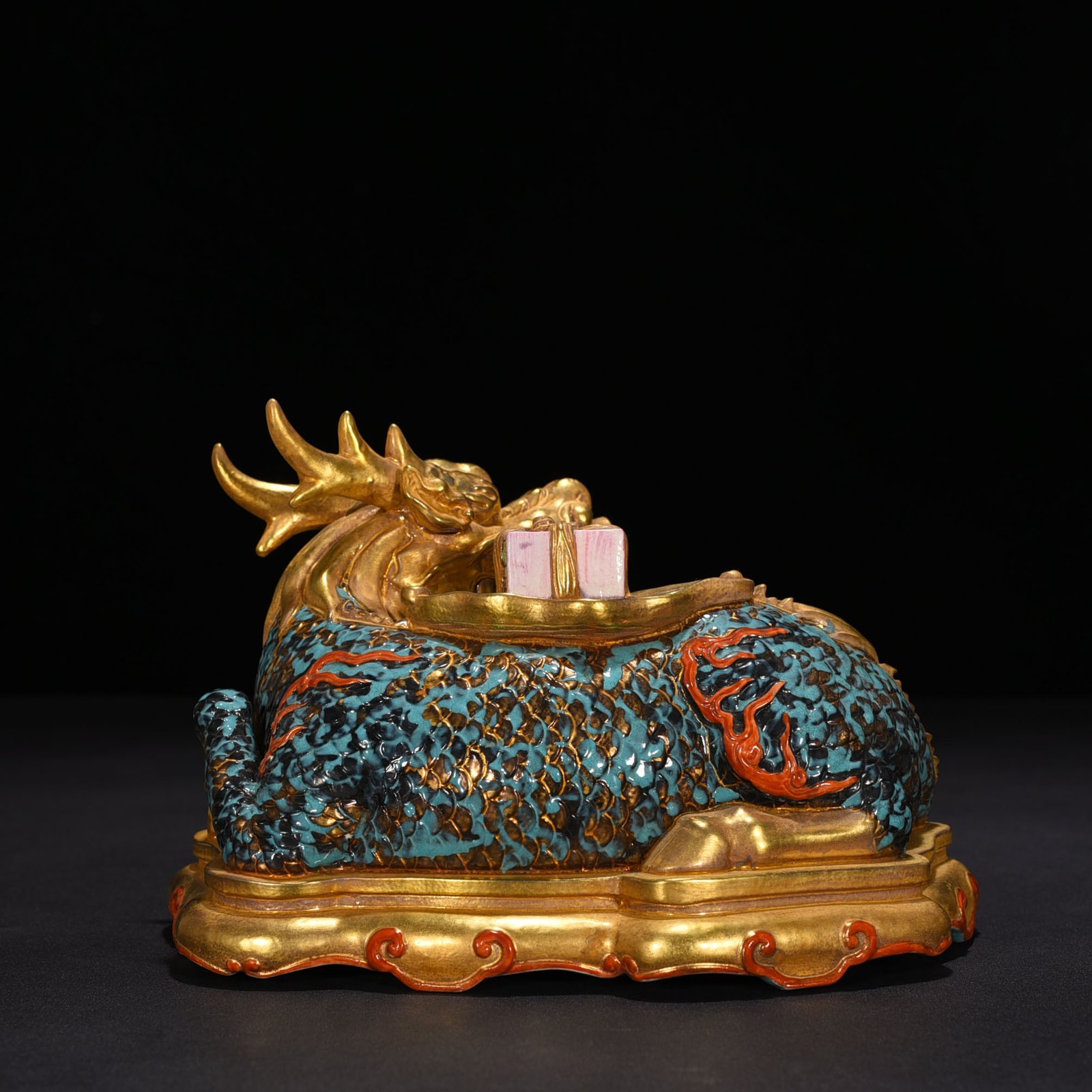 Qing Dynasty Qianlong Bronze Qilin Vomit Calligraphy Toy Ornament