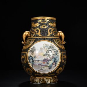 Qing Dynasty Qianlong bronze glaze consecrated pastel landscape elephant ear statue