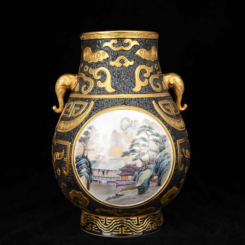Qing Dynasty Qianlong bronze glaze consecrated pastel landscape elephant ear statue