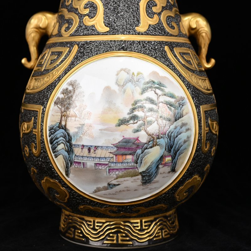 Qing Dynasty Qianlong bronze glaze consecrated pastel landscape elephant ear statue