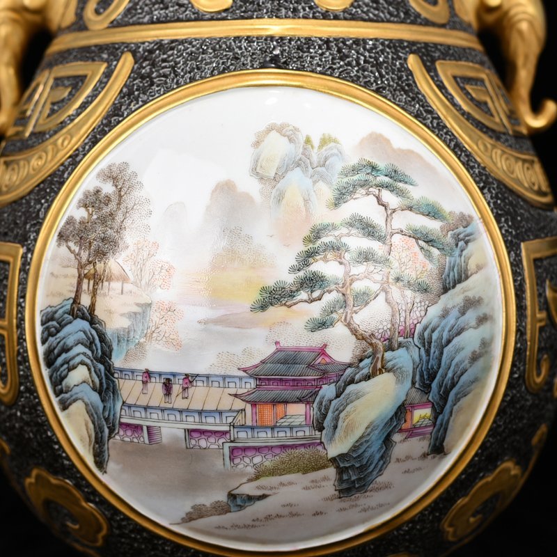 Qing Dynasty Qianlong bronze glaze consecrated pastel landscape elephant ear statue