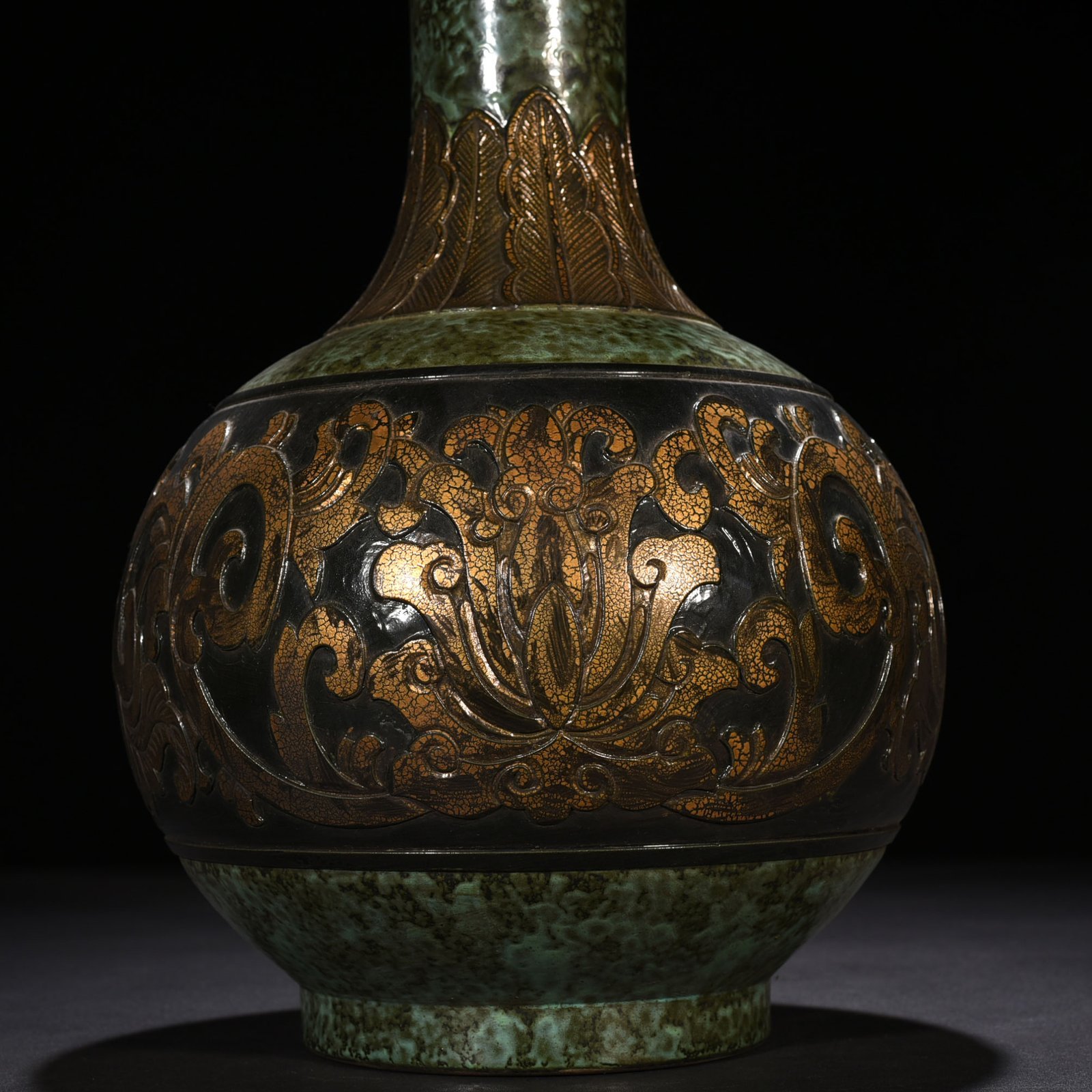 Qing Dynasty Qianlong bronze glaze carved vase with lotus pattern