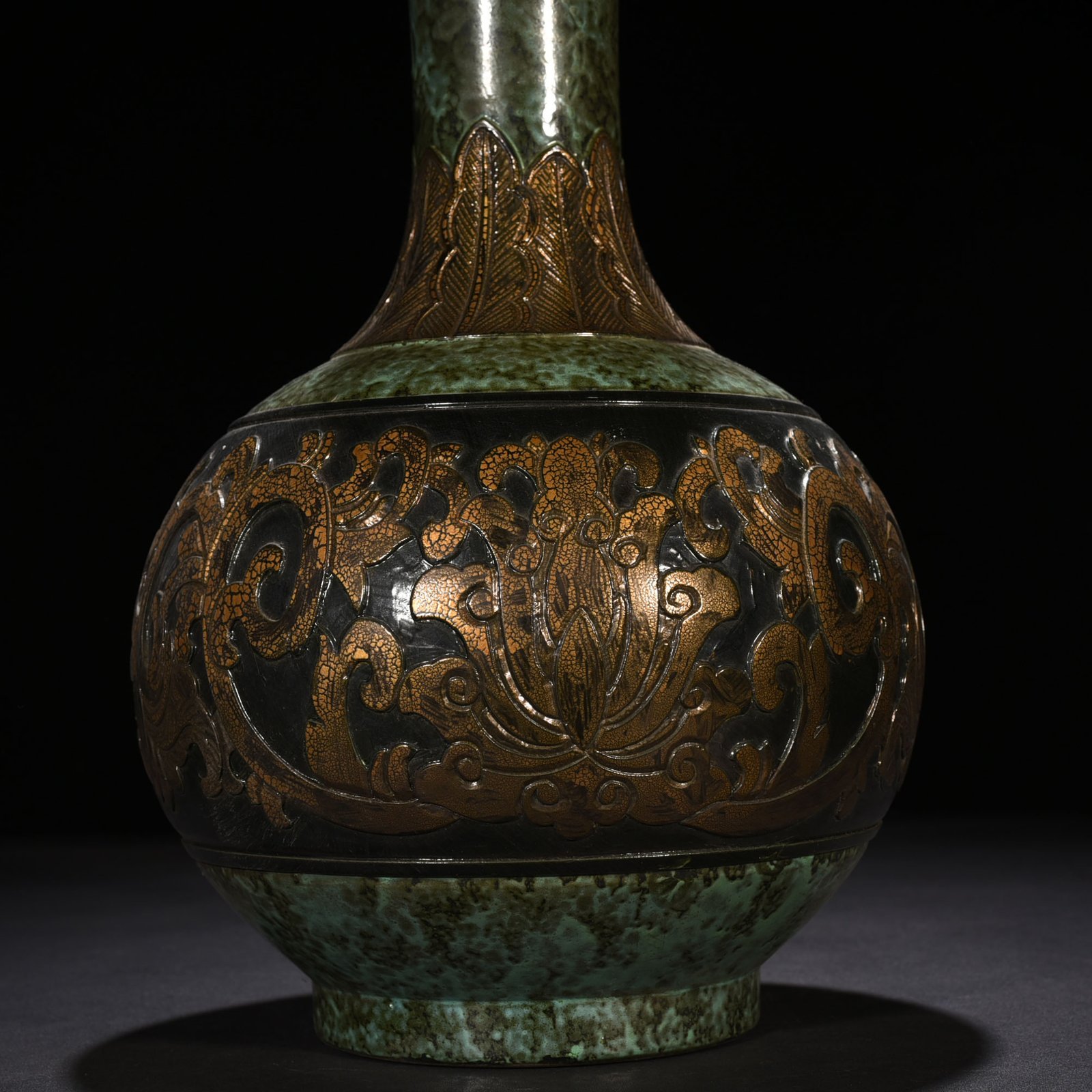 Qing Dynasty Qianlong bronze glaze carved vase with lotus pattern