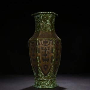 Qing Dynasty Qianlong bronze glaze hexagonal vase with carved chilong pattern