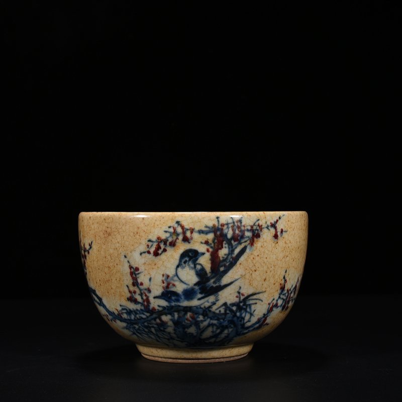 Qing Dynasty Qianlong Ge glazed blue and white underglaze red flower and bird bowl