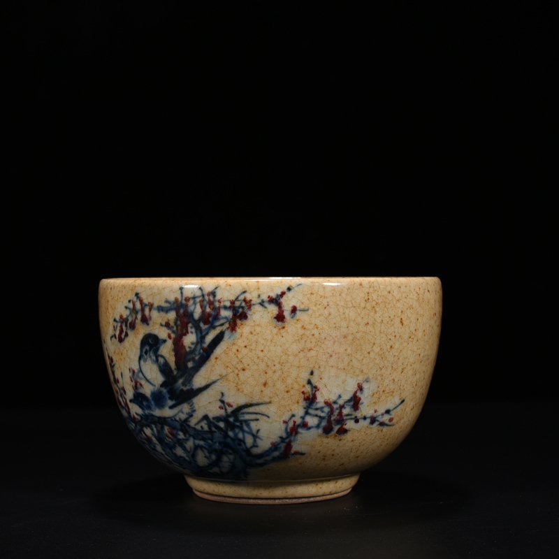 Qing Dynasty Qianlong Ge glazed blue and white underglaze red flower and bird bowl