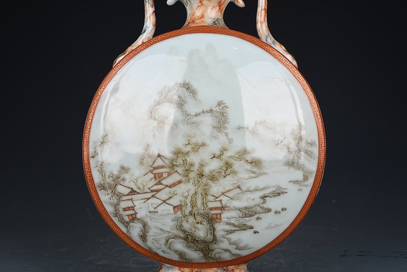 Qing Dynasty Qianlong ink color landscape poem flat vase