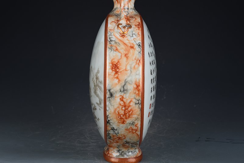 Qing Dynasty Qianlong ink color landscape poem flat vase