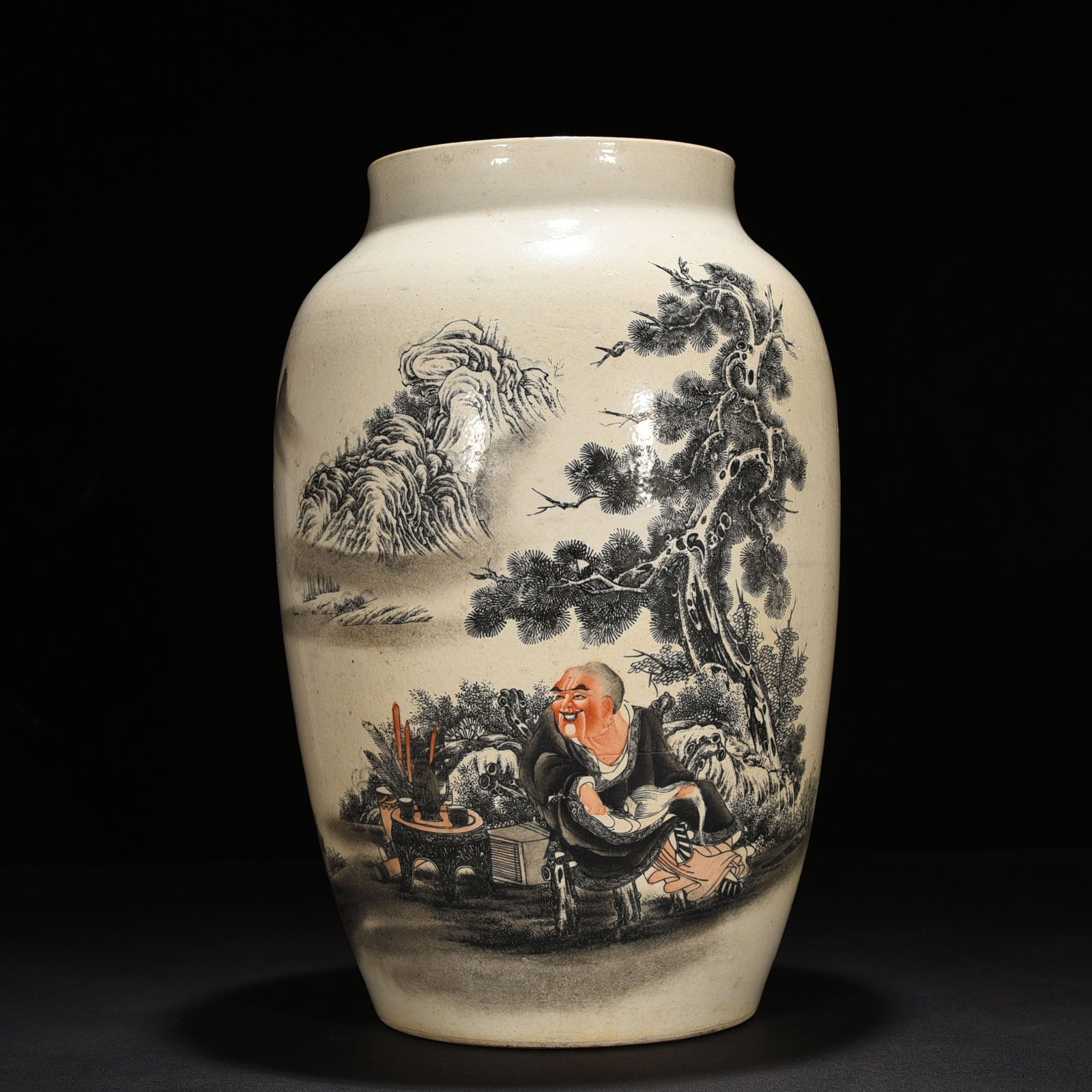 Qing Dynasty Qianlong ink color Arhat figure jar