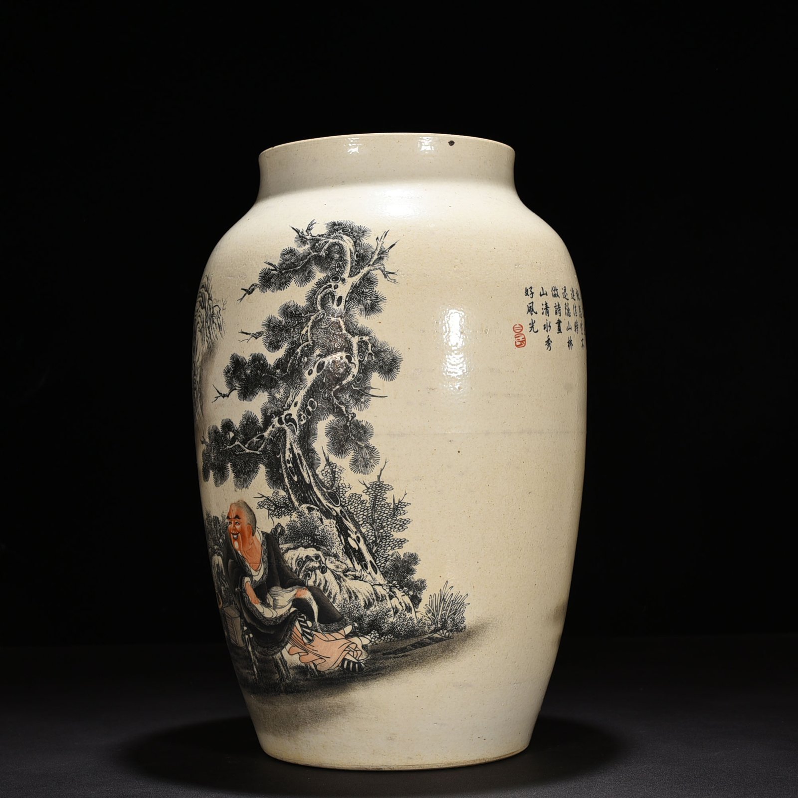 Qing Dynasty Qianlong ink color Arhat figure jar