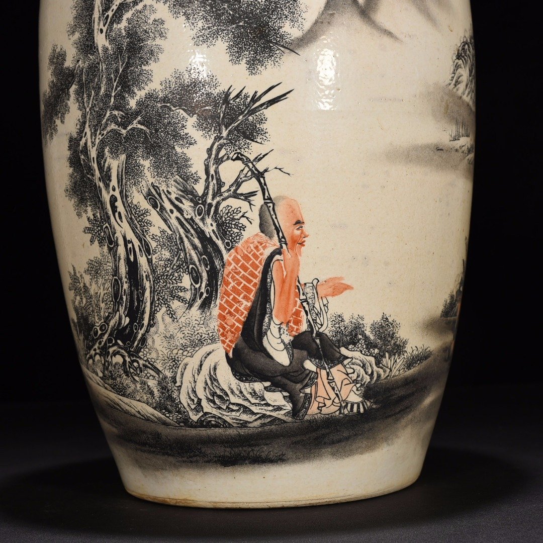 Qing Dynasty Qianlong ink color Arhat figure jar
