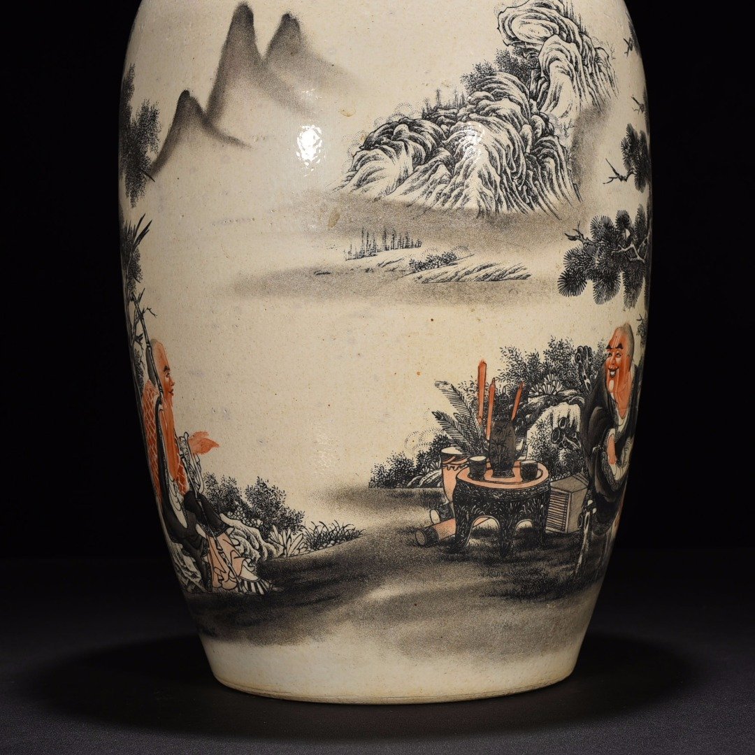 Qing Dynasty Qianlong ink color Arhat figure jar
