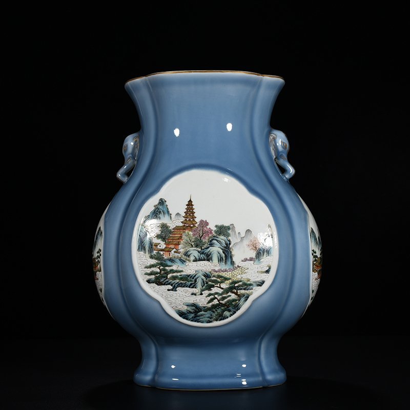 Qing Dynasty Qianlong sky blue glaze consecrated famille rose landscape pavilion elephant ear statue