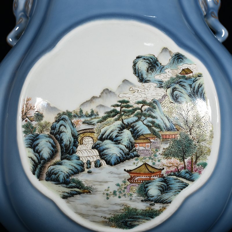 Qing Dynasty Qianlong sky blue glaze consecrated famille rose landscape pavilion elephant ear statue