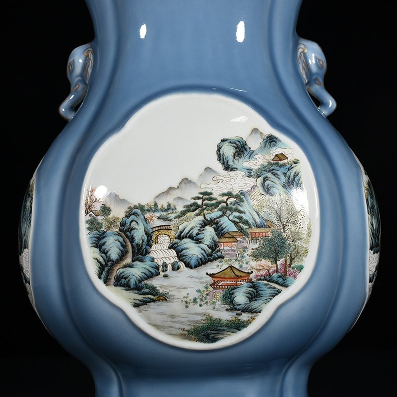 Qing Dynasty Qianlong sky blue glaze consecrated famille rose landscape pavilion elephant ear statue