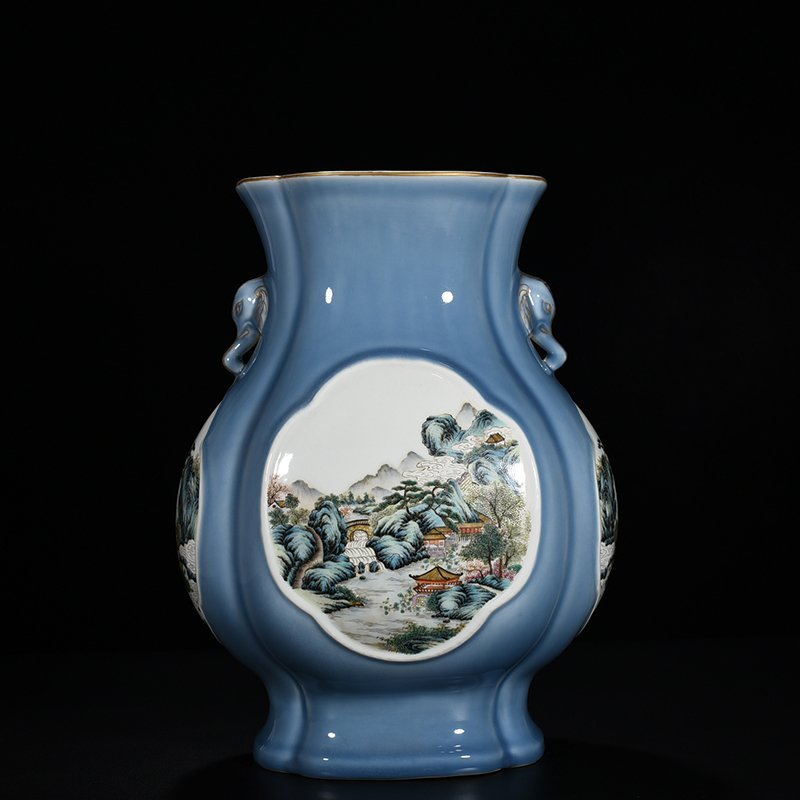 Qing Dynasty Qianlong sky blue glaze consecrated famille rose landscape pavilion elephant ear statue