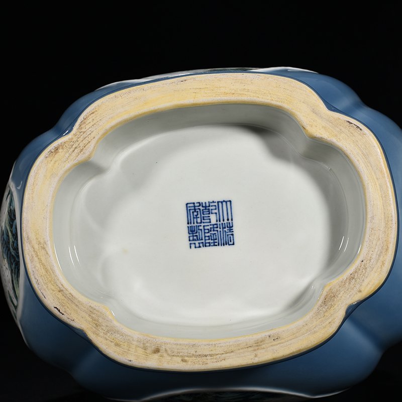 Qing Dynasty Qianlong sky blue glaze consecrated famille rose landscape pavilion elephant ear statue