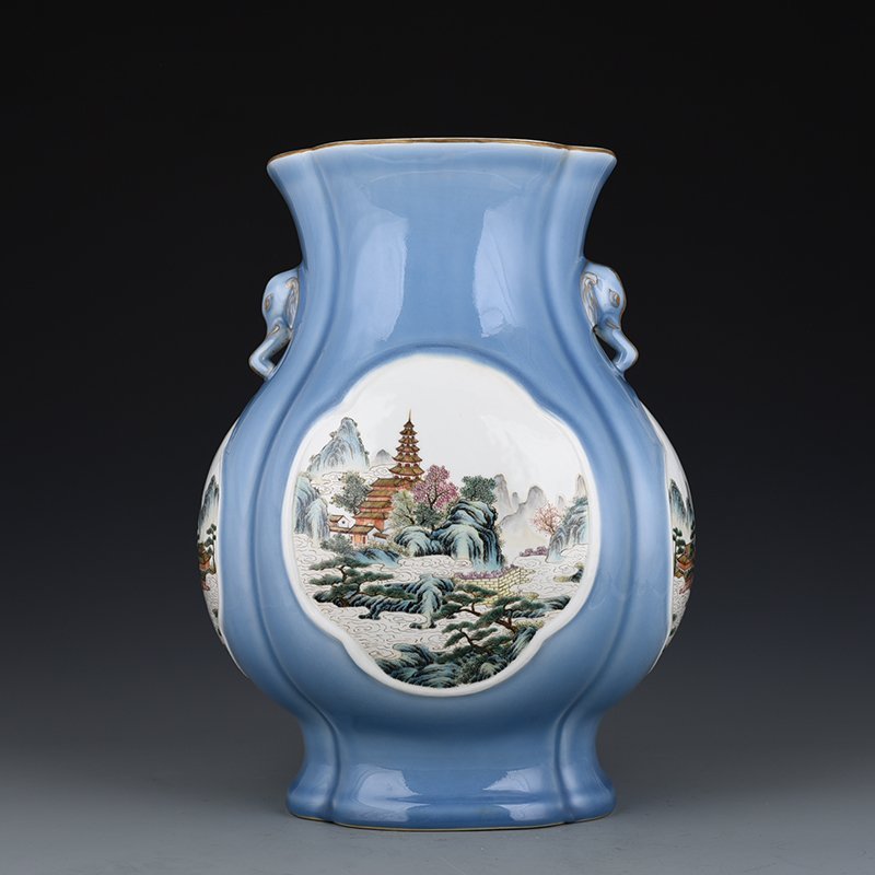 Qing Dynasty Qianlong sky blue glaze consecrated pastel landscape pavilion elephant ear statue