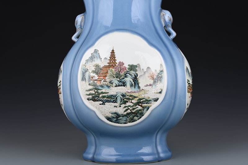 Qing Dynasty Qianlong sky blue glaze consecrated pastel landscape pavilion elephant ear statue