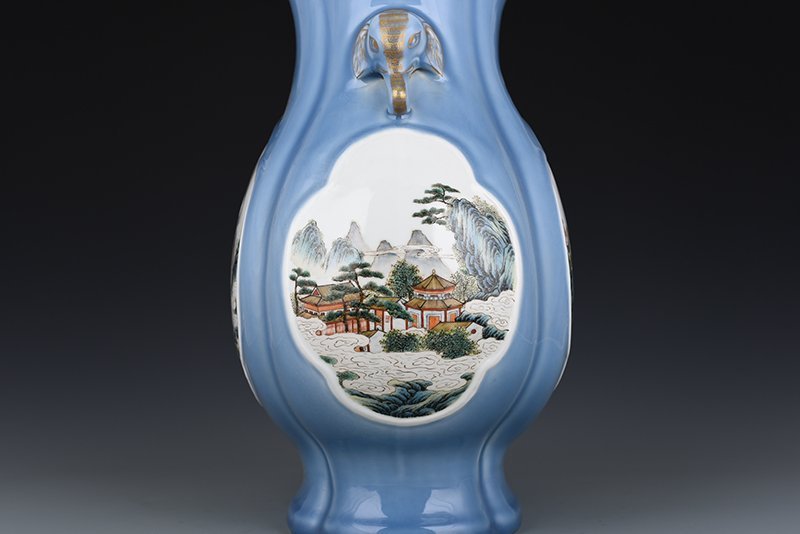 Qing Dynasty Qianlong sky blue glaze consecrated pastel landscape pavilion elephant ear statue