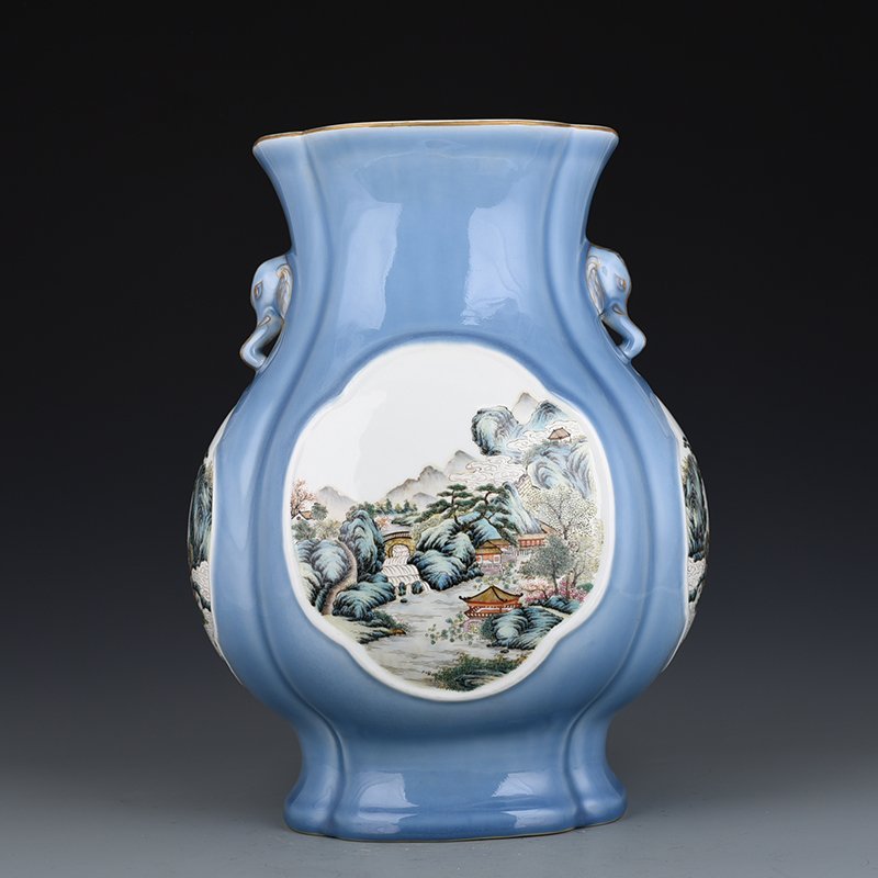Qing Dynasty Qianlong sky blue glaze consecrated pastel landscape pavilion elephant ear statue