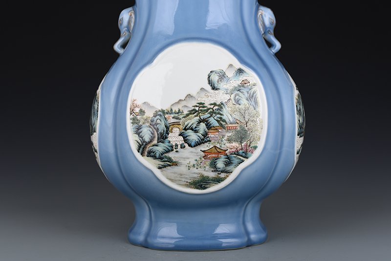 Qing Dynasty Qianlong sky blue glaze consecrated pastel landscape pavilion elephant ear statue