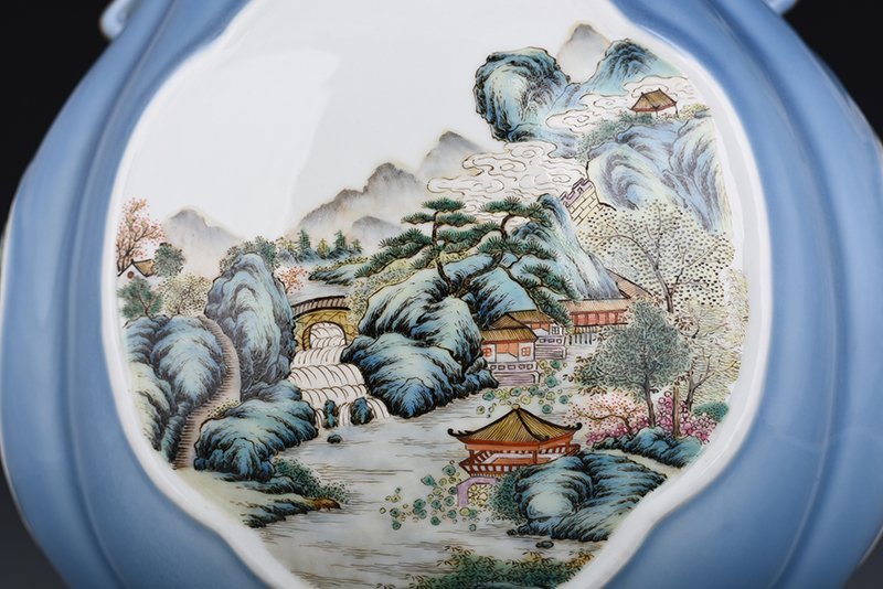 Qing Dynasty Qianlong sky blue glaze consecrated pastel landscape pavilion elephant ear statue