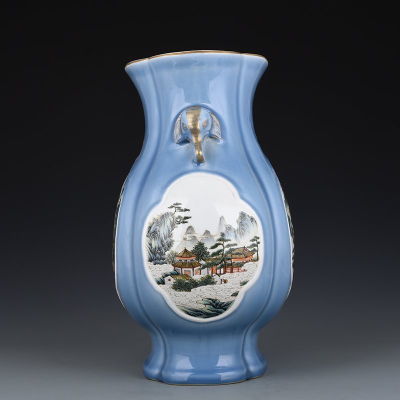 Qing Dynasty Qianlong sky blue glaze consecrated pastel landscape pavilion elephant ear statue