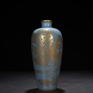 Qing Dynasty Qianlong sky blue glaze plum vase with gold landscape and water patterns