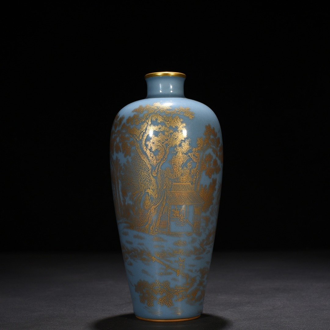 Qing Dynasty Qianlong sky blue glaze plum vase with gold landscape and water patterns