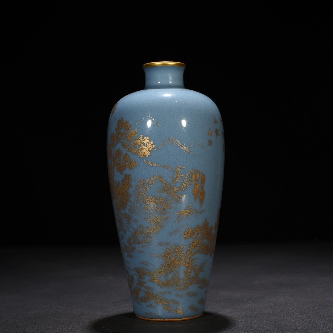 Qing Dynasty Qianlong sky blue glaze plum vase with gold landscape and water patterns