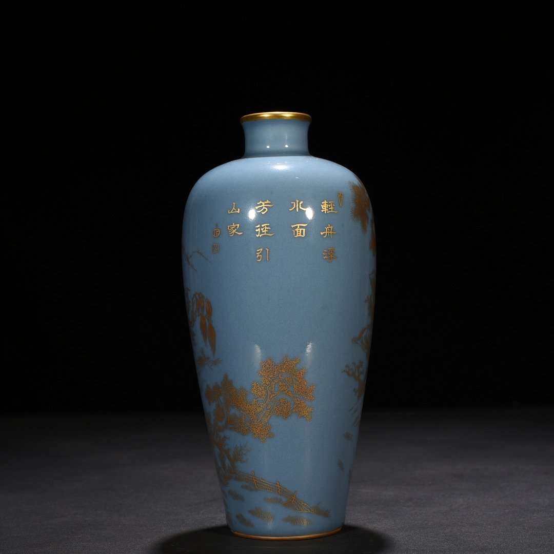 Qing Dynasty Qianlong sky blue glaze plum vase with gold landscape and water patterns