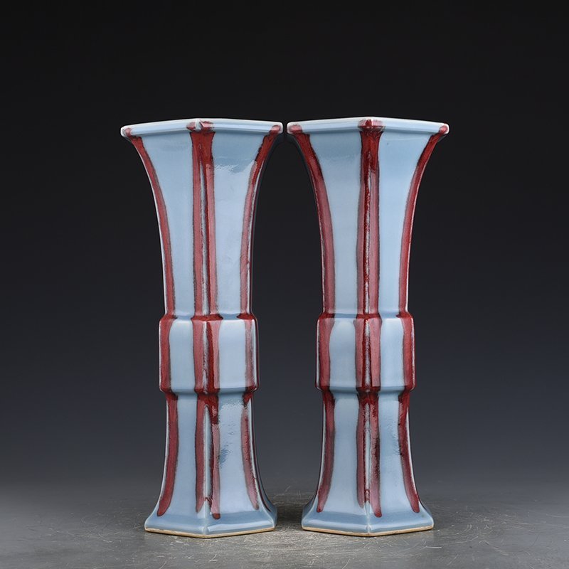 Qing Dynasty Qianlong sky blue glaze sacrificial red six-sided flower goblet