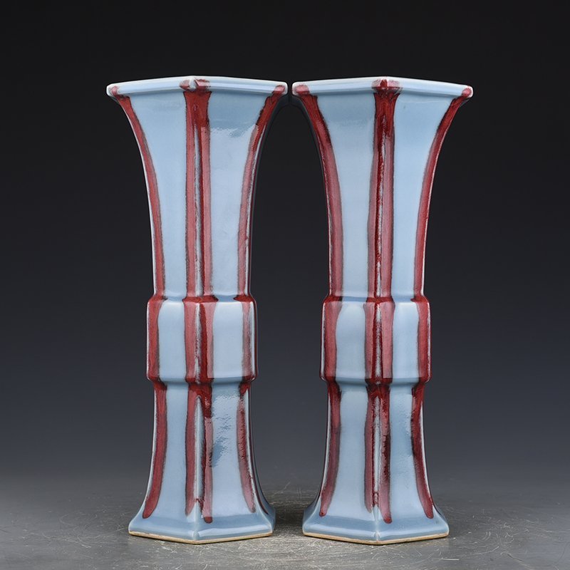 Qing Dynasty Qianlong sky blue glaze sacrificial red six-sided flower goblet