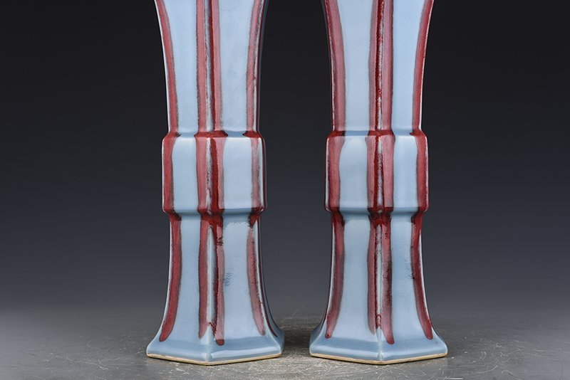 Qing Dynasty Qianlong sky blue glaze sacrificial red six-sided flower goblet