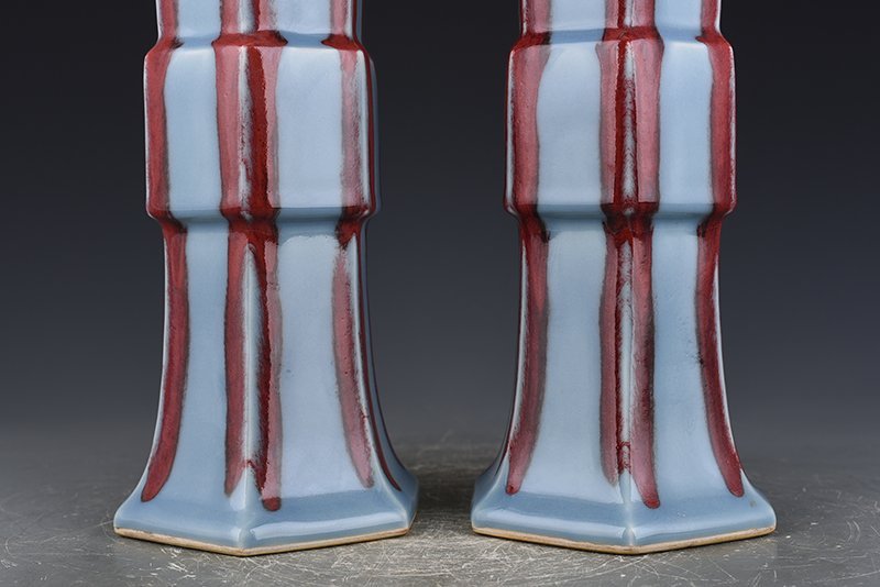 Qing Dynasty Qianlong sky blue glaze sacrificial red six-sided flower goblet