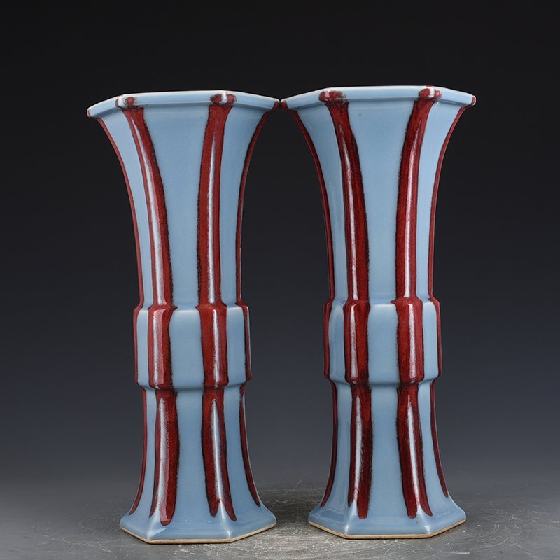 Qing Dynasty Qianlong sky blue glaze sacrificial red six-sided flower goblet