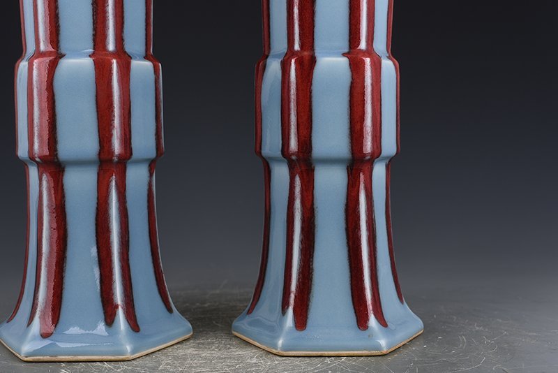 Qing Dynasty Qianlong sky blue glaze sacrificial red six-sided flower goblet