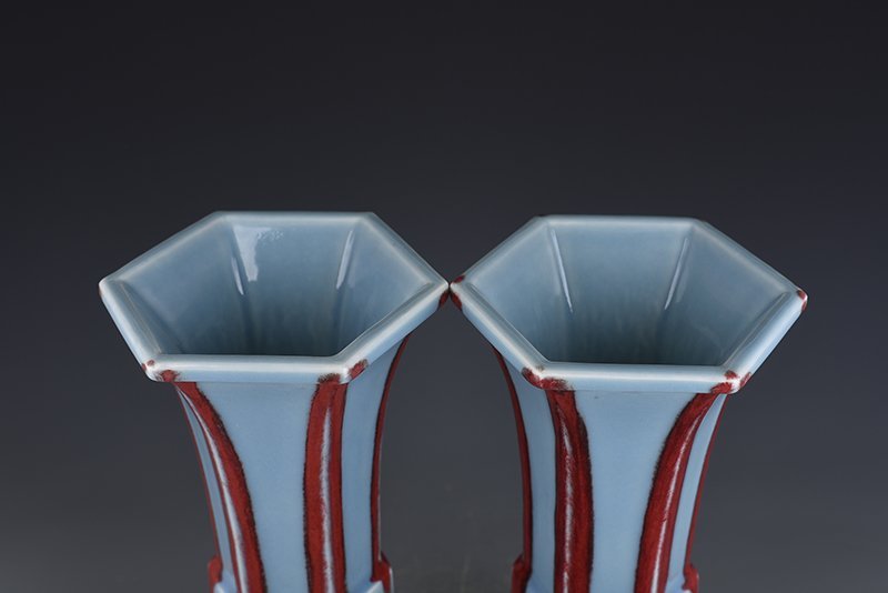 Qing Dynasty Qianlong sky blue glaze sacrificial red six-sided flower goblet
