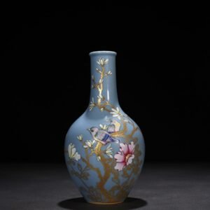 Qing Dynasty Qianlong sky blue glaze pastel painted gold flower and bird pattern bile vase