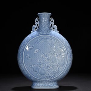Qing Dynasty Qianlong sky blue glaze carved blessing longevity and many children holding the moon vase