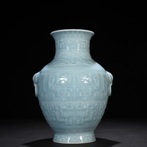 Qing Dynasty Qianlong azure glaze engraved chilong pattern vase with ears