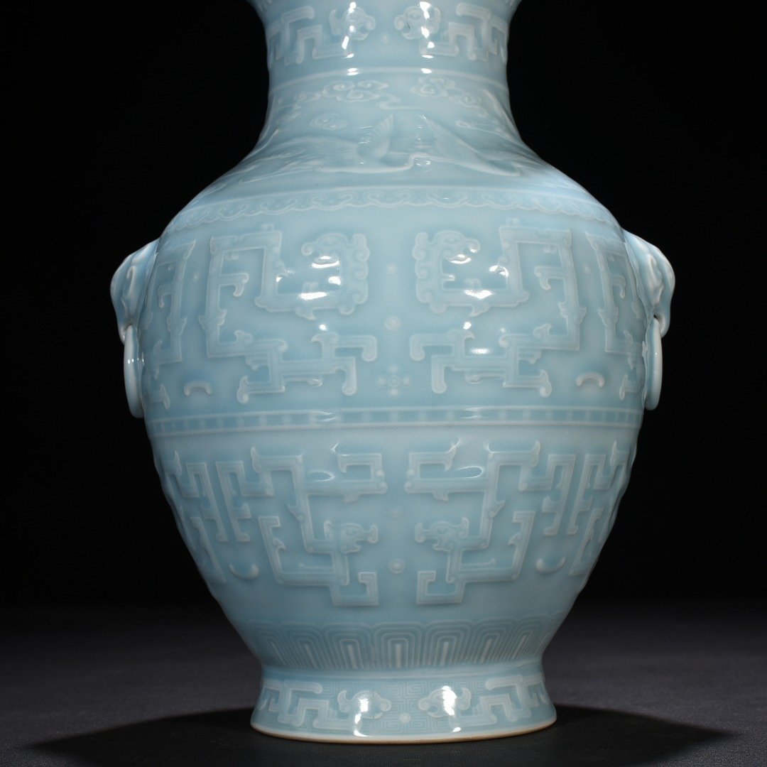 Qing Dynasty Qianlong azure glaze engraved chilong pattern vase with ears
