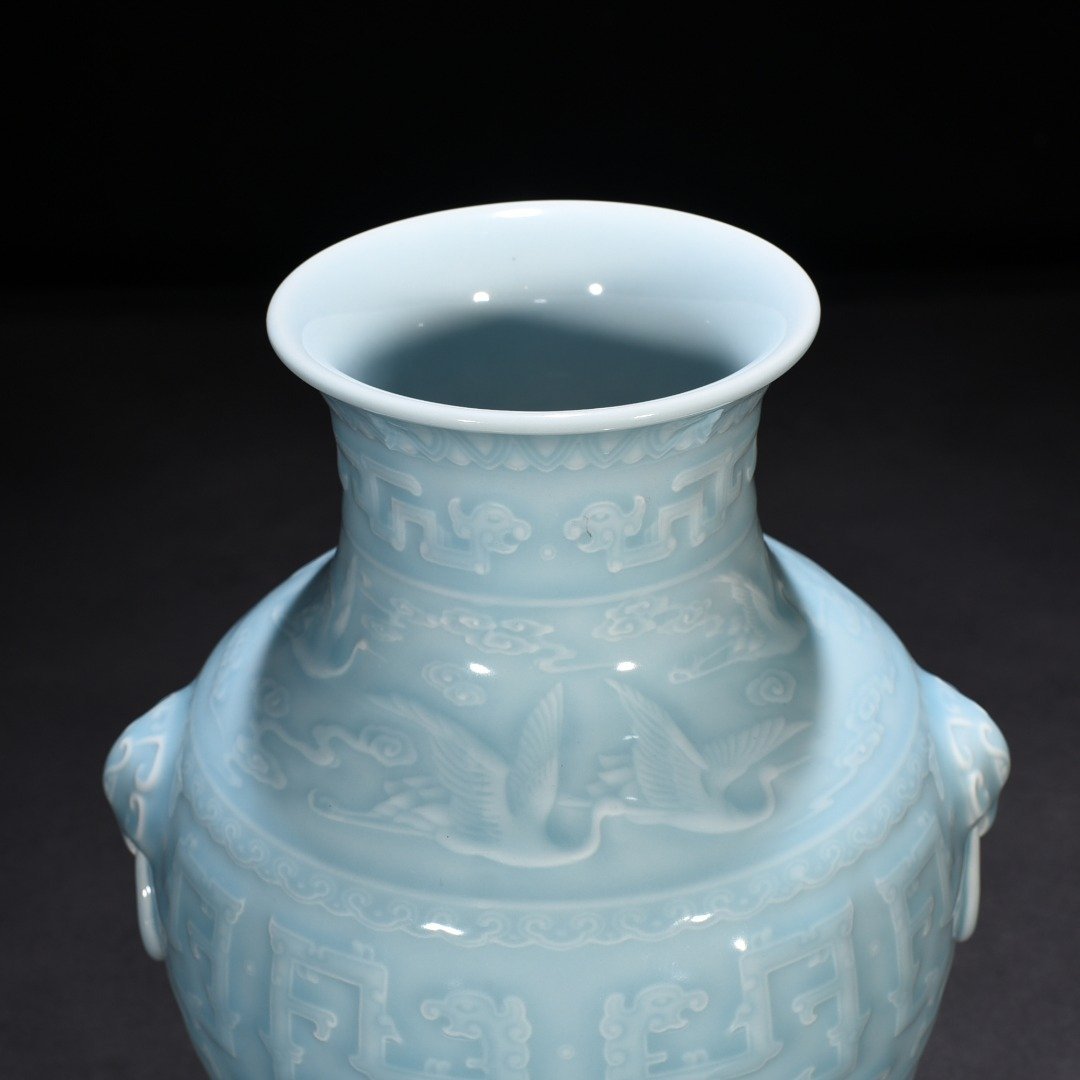 Qing Dynasty Qianlong azure glaze engraved chilong pattern vase with ears